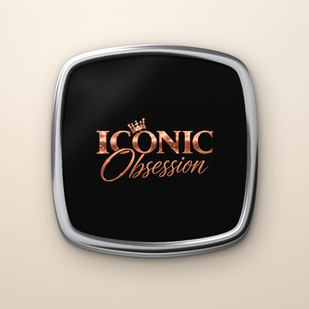 ICONIC Obsession Compact Mirror, closed, rose-gold logo on black lid